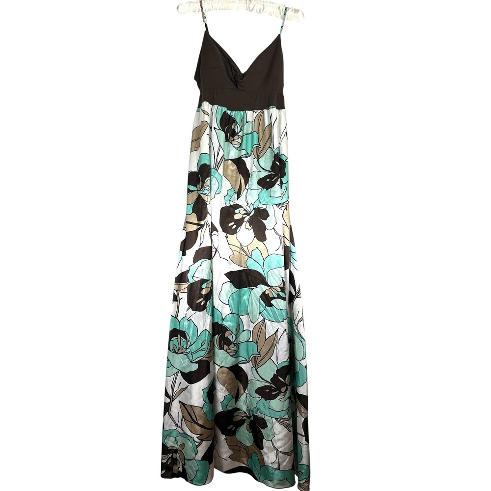 Candie's Y2K Floral Maxi Dress XL Brown Aqua Empire Waist Satin 2000s Boho Indie - Picture 2 of 11